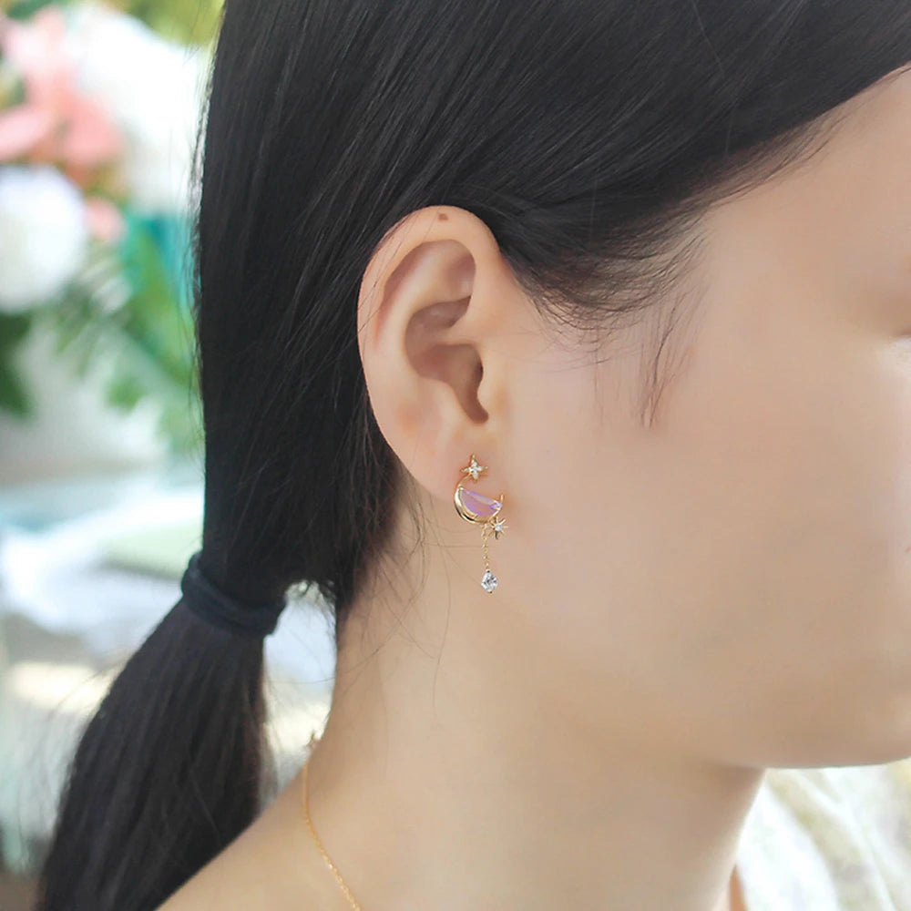 Round Quartz Semi Circle Star Hollow Earrings