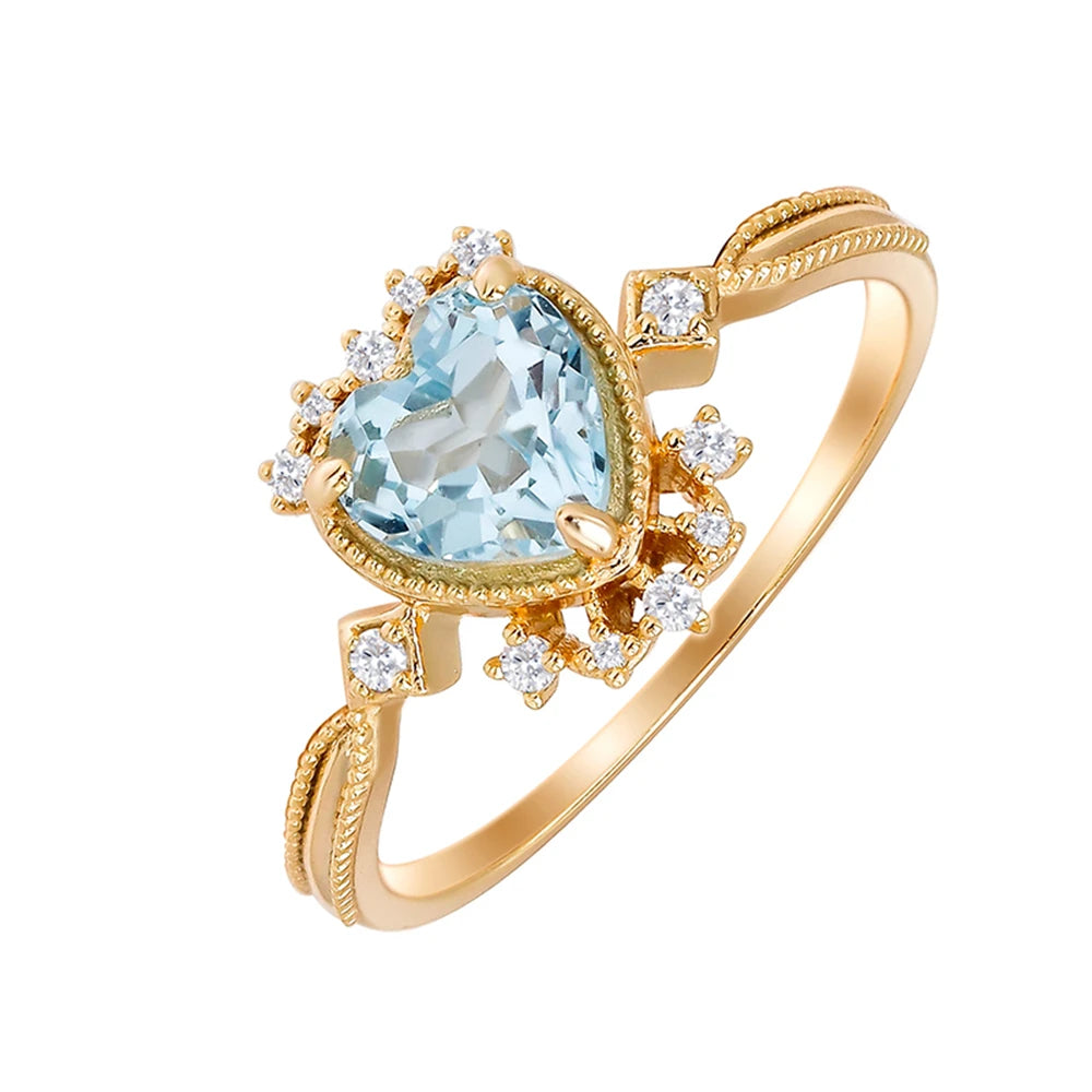 925 Sterling Silver 14K Gold Plated Gemstone Zircon Crown Heart Sjaped Sky Blue Topaz Ring