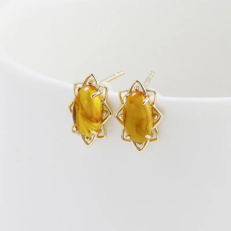 Emotional Factory 925 Sterling Silver 14K Gold Plated Gemstone Flowers Sun  Shaped Synthetic Amber Earrings