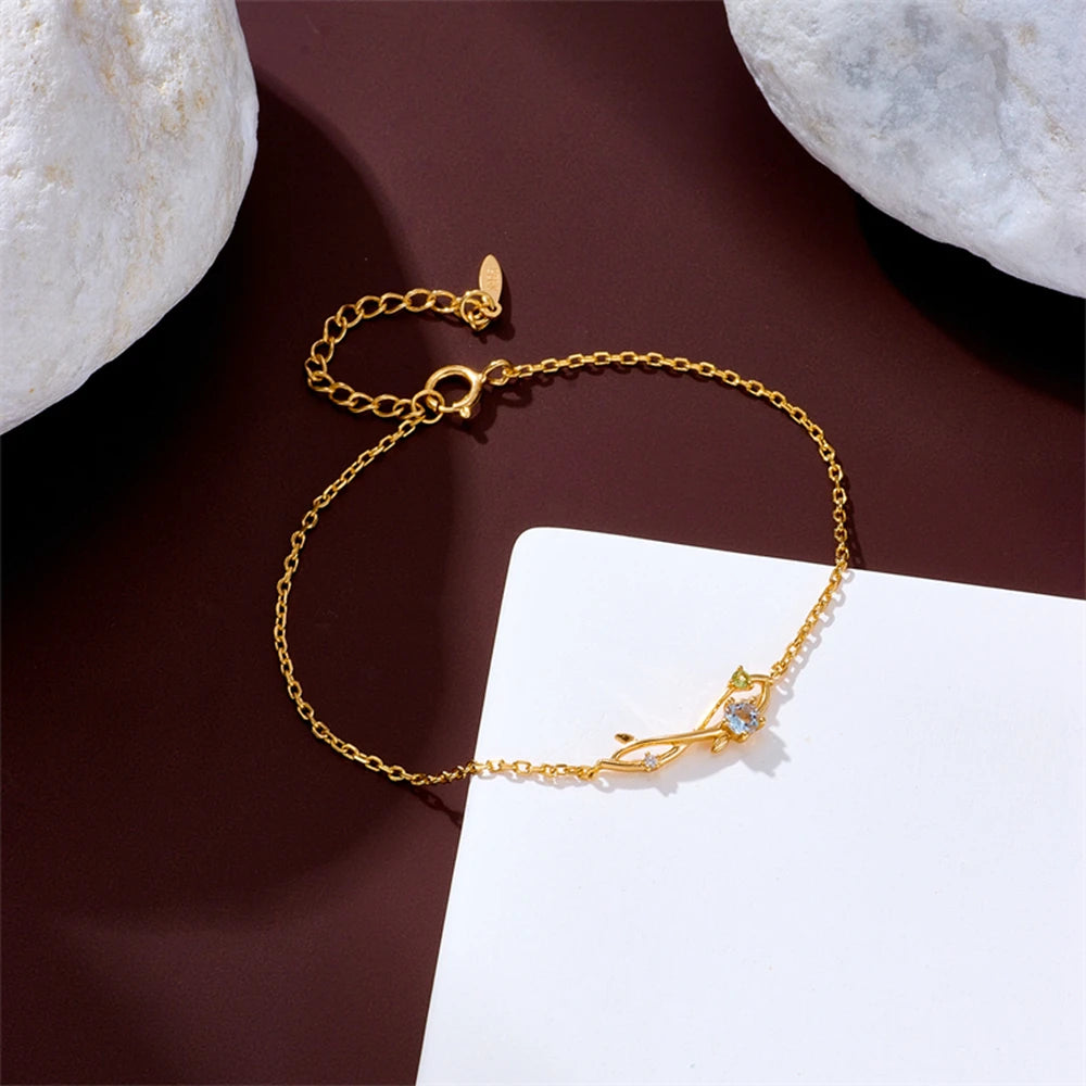 Emotional Pulseras Mujeres Factory 925 Sterling Silver Gold Plated Gemstone Series Aquamarine Peridot Sprout Infinity Bracelet