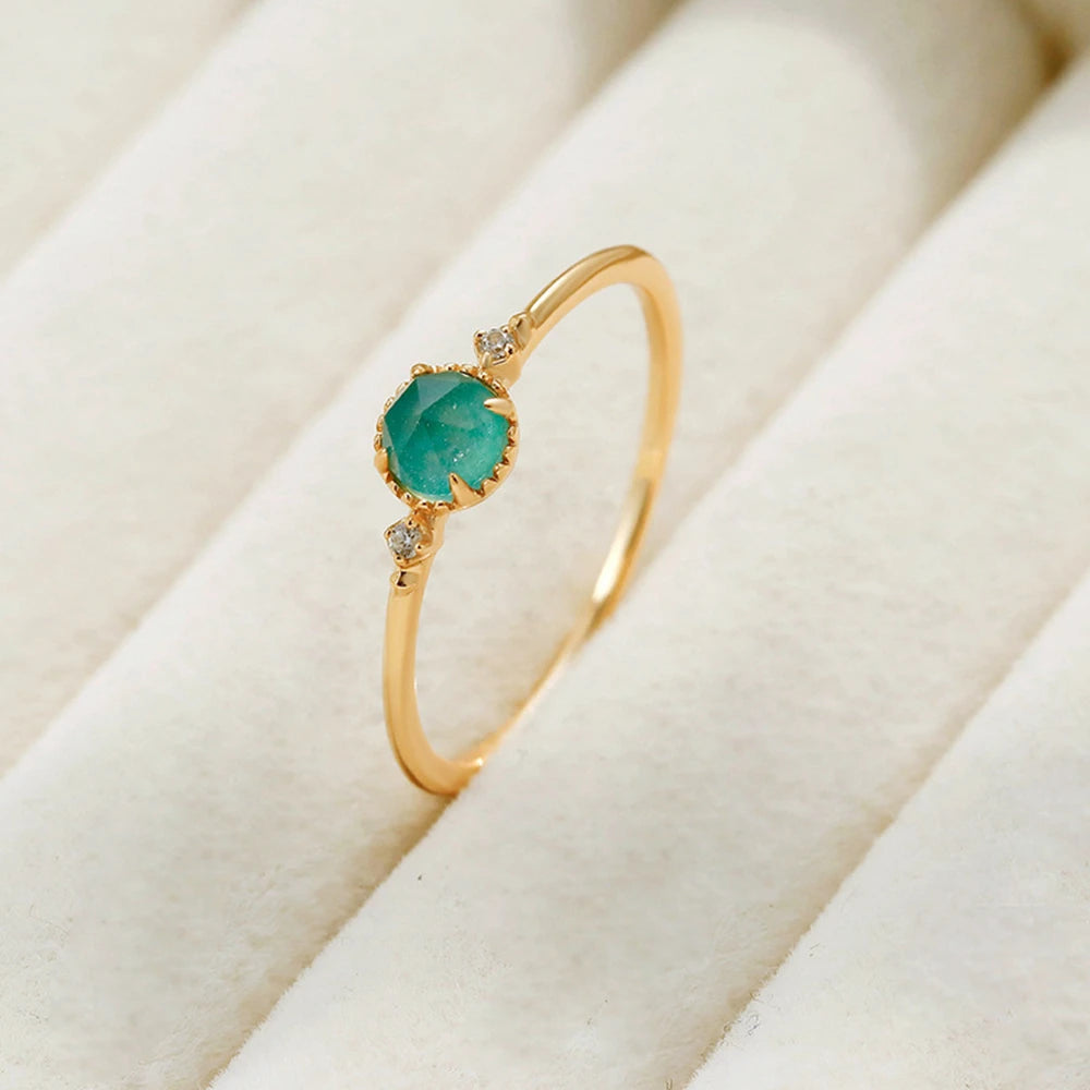 Factory 925 Sterling Silver 14K Gold Plated Gem Stone Gemstone Retro Cz Zircon Round Stone Amazonite White Rock Crystal Ring