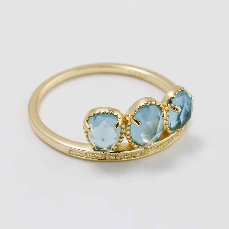 Emotional Factory 925 Sterling Silver 14K Gold Plated Gemstone Vintage Blue Rose Cut Grass 3 Stone Ring