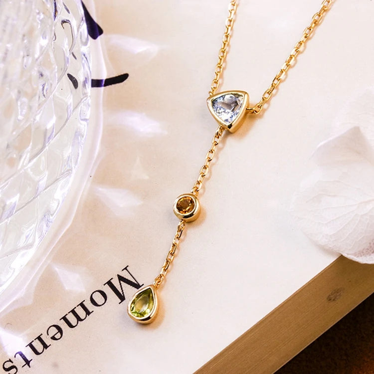 925 Sterling Silver 14K Gold Plated Gem Stone Gemstone Geometric Triangular Round Drops Sky Blue Topaz  Citrine Peridot Necklace