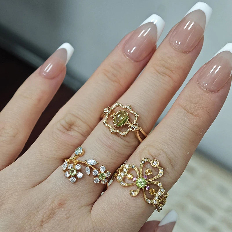 925 Sterling Silver 14K Gold Plated Gemstone Geometric Peridot Rectangular Sky Blue Topaz Quartz Natural Green Crystal Ring