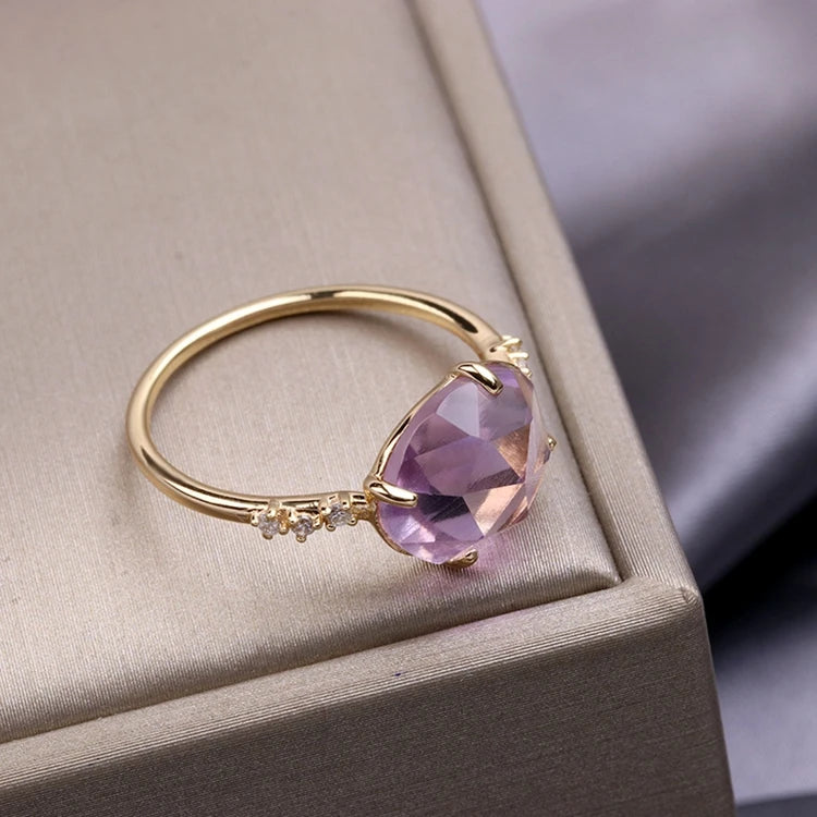 Emotional Factory 925 Sterling Silver 14K Gold Plated Gemstone Egg Shape Women Amethyst Claws Birthstone Ring