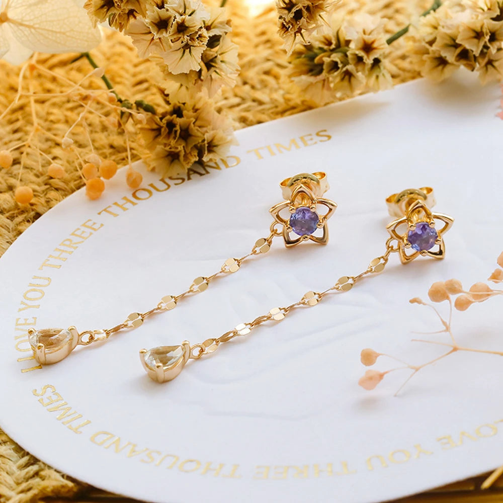 Emotional 925 Sterling Silver 14K Gold Plated Gem Stone Gemstone Tanzanite Zircon Eustoma Flower White Topaz Strip Earrings
