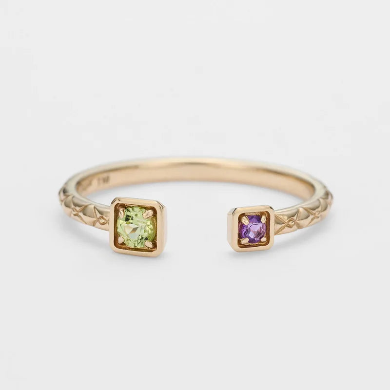 Emotional Factory 925 Sterling Silver 14K Gold Plated Gemstone Amethyst Peridot Adjustable Ring