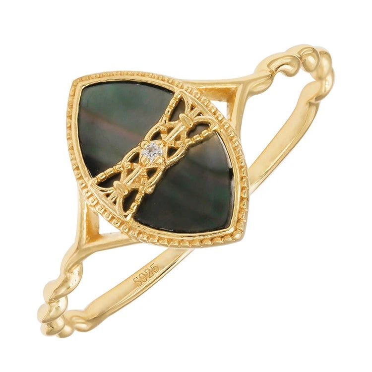 Emotional Factory 925 Sterling Silver 14K Gold Plated Gemstones Zircon Black Phantom Abalone Shell Ring