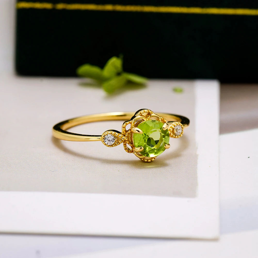 Emotional Factory 925 Sterling Silver 14K Gold Plated Gemstone Retro Cz Zircon Flower Sun Peridot Ring