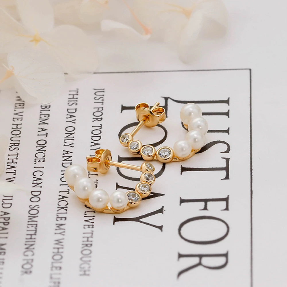 Emotional Factory 925 Sterling Silver 14K Gold Plated Gem Stone Gemstone Retro Cz Zircon C Shaped Pearl Earrings