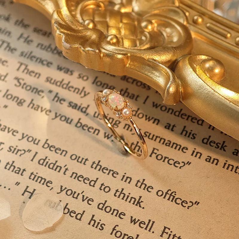 Emotional Factory 925 Sterling Silver 14K Gold Plated Gemstone Retro Cz Zircon African Opal Natural Pearl Ring