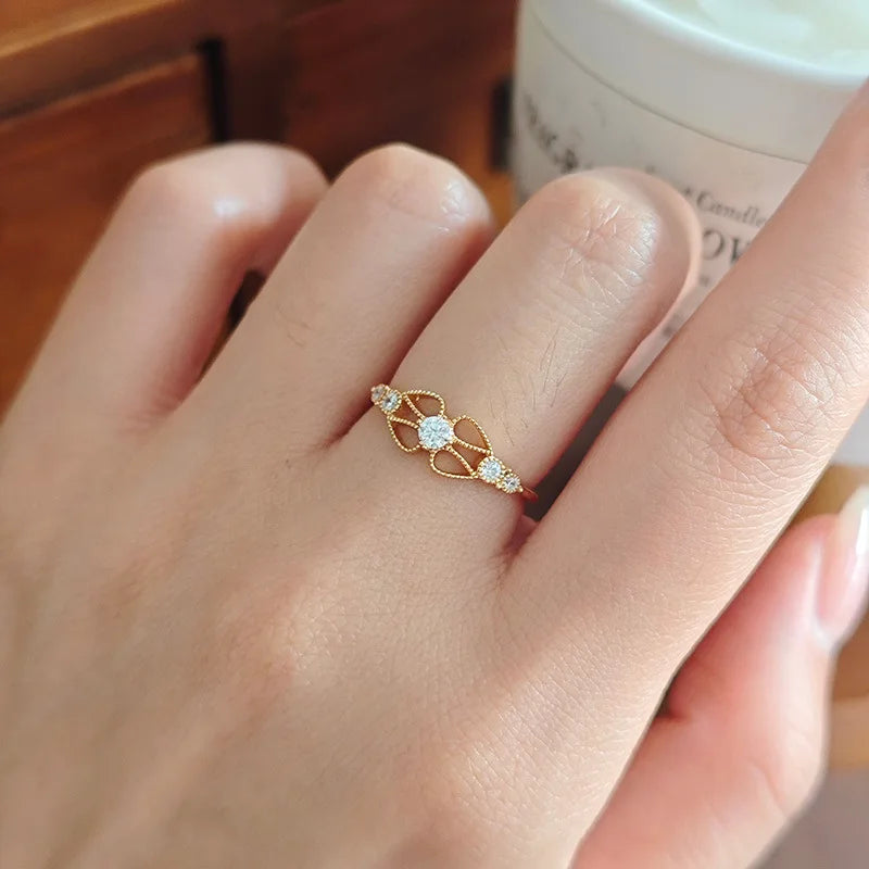 Emotional Factory 925 Sterling Silver 14K Gold Plated Gemstone Cz Zircon Moissanite Lace Hollow Ring