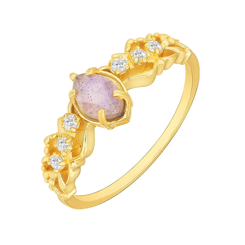 925 Sterling Silver 14K Gold Plated Gemstone Strawberry Quartz Stone Amethyst Labradorite Cordierite Stacked Zircon Ring