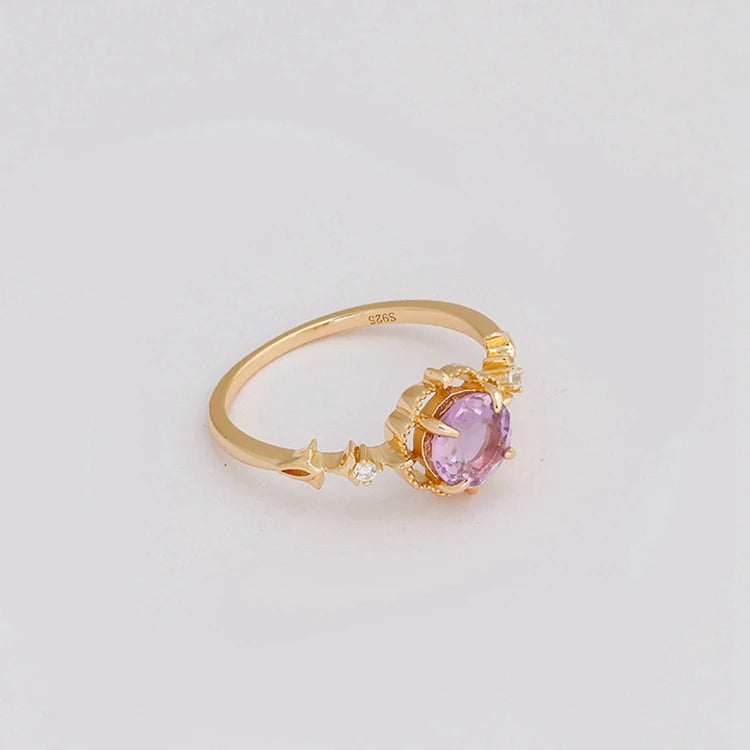 Emotional Factory 925 Sterling Silver 14K Gold Plated Gem Stone Gemstone Retro  Cz Zircon Flower Light Amethyst Ring