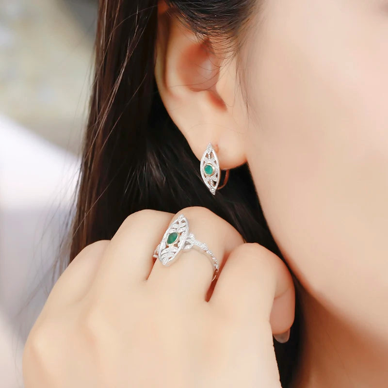 Emotional Bijou Factory 925 Sterling Silver 14K Gold Plated Gemstone Retro Cz Zircon Hollow Leaf Chrysoprase Ring