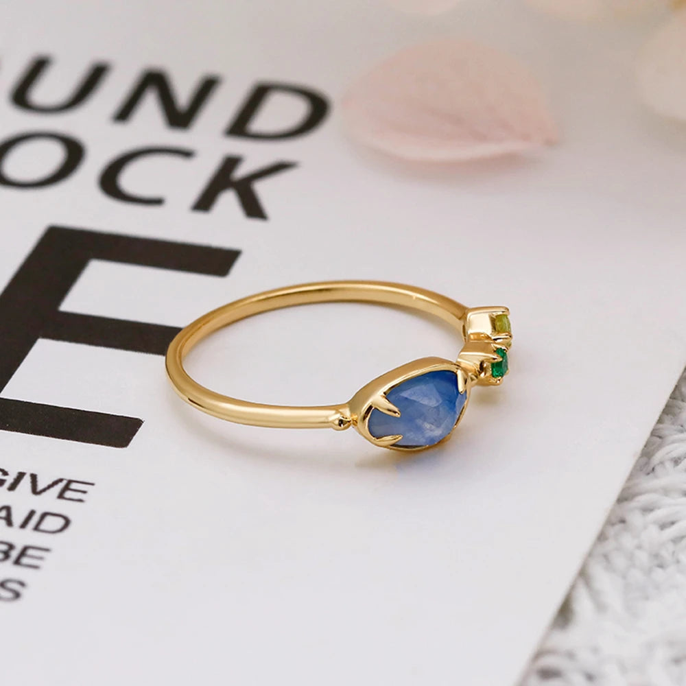 925 Sterling Silver 14K Gold Plated Gemstone Geometric Isomorphs Drop Light Blue Crystal Stone Ring