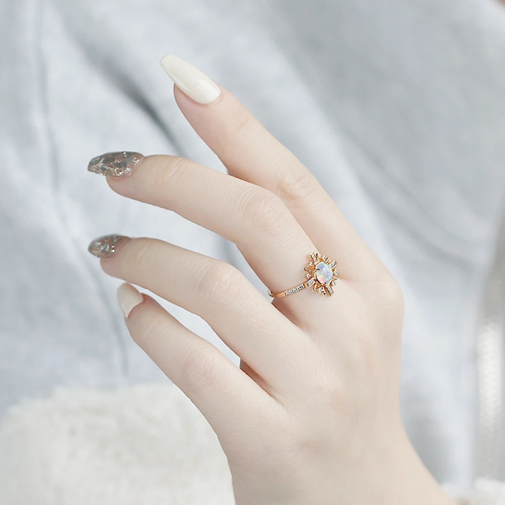 Emotional Factory 925 Sterling Silver 14K Gold Plated Gemstone Series Opal Sun Flower Shining Ring