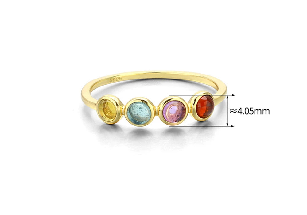 Emotional Factory 925 Sterling Silver 14K Gold Plated Gem Stone Round Bead Topaz Amethyst Garnet Citrine Natural Crystal Ring