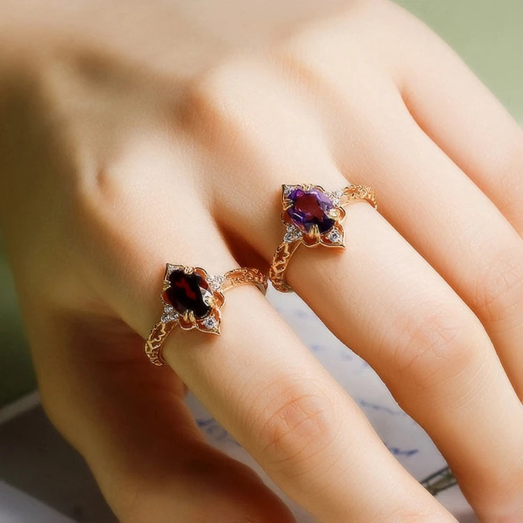 Emotional Factory 925 Sterling Silver 14K Gold Plated Gem Stone Gemstone Retro  Cz Zircon Geometric Flower Red Garnet Ring