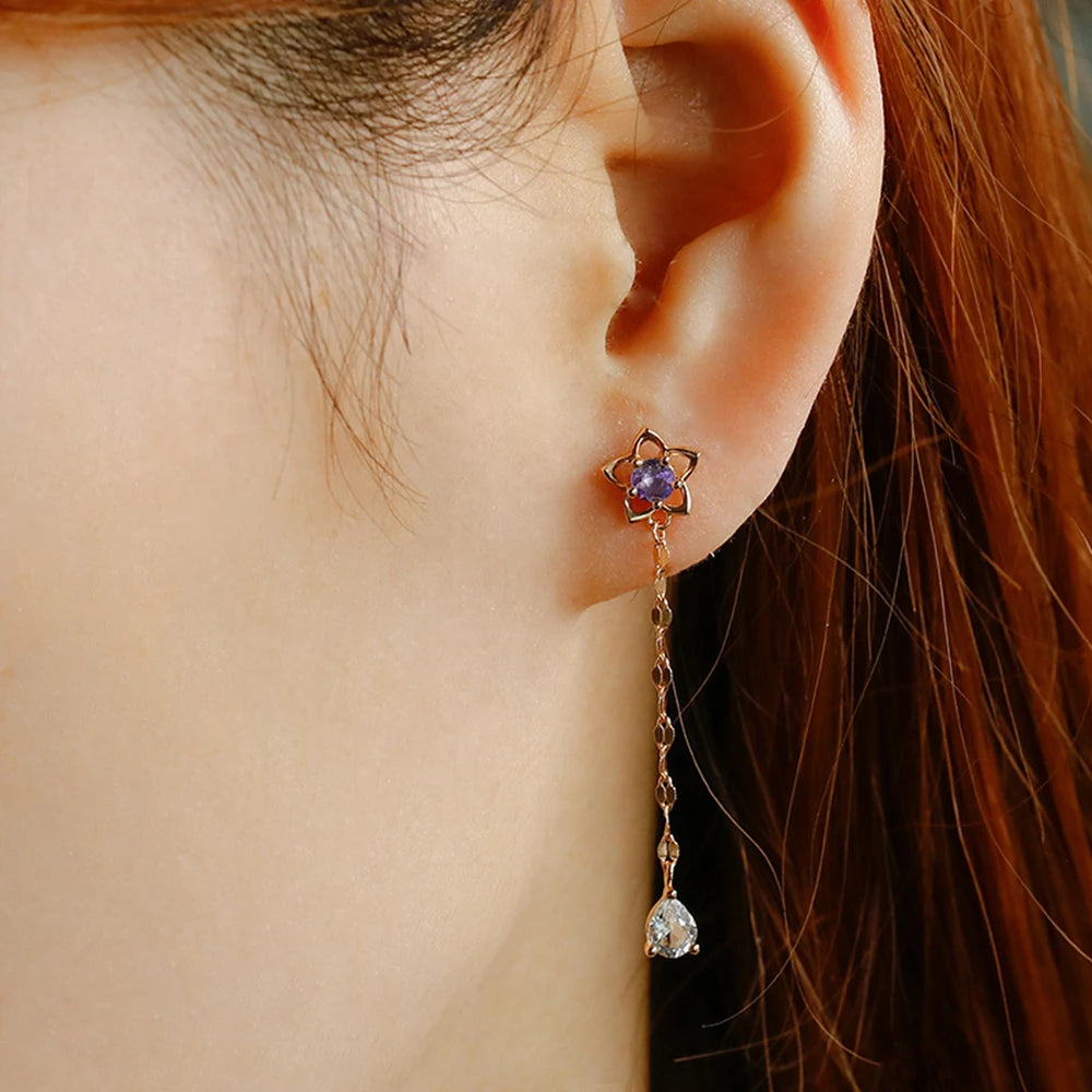 Emotional 925 Sterling Silver 14K Gold Plated Gem Stone Gemstone Tanzanite Zircon Eustoma Flower White Topaz Strip Earrings