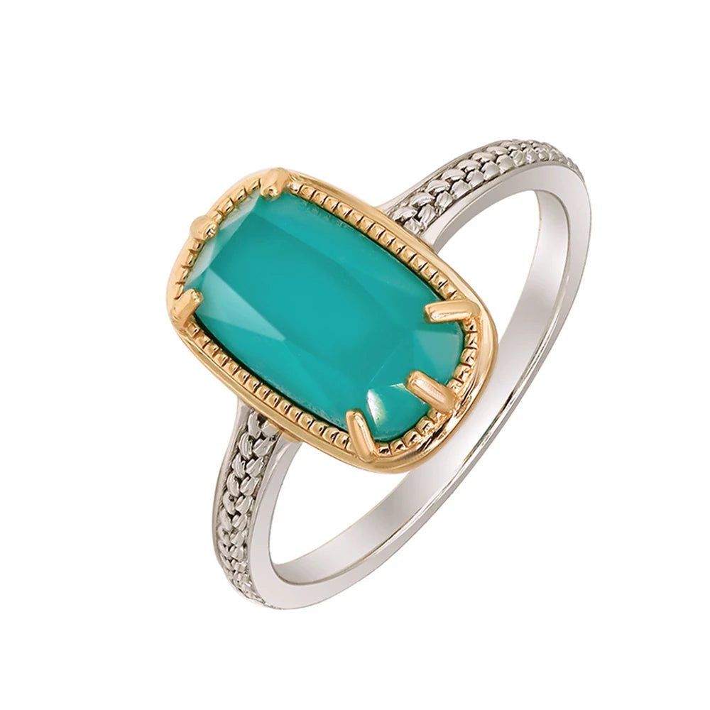 925 Sterling Silver 14K Gold Plated Gemstone  Rock Crystal Rectangles Layered Gemstones White Crystal Turquoise Ring