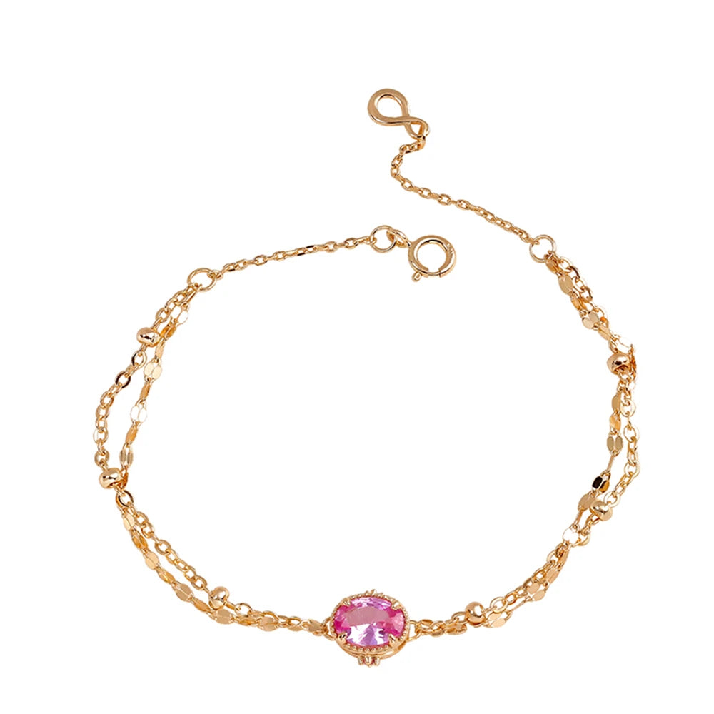 Bijoux Pour Femme 925 Sterling Silver 14K Gold Plated Gemstone Double-Layer Chain Pink Red Corundum Bracelet