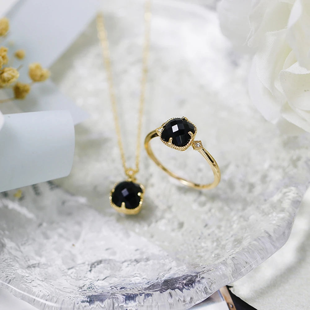 925 Sterling Silver 14K Gold Plated Gem Stone Gemstone Retro  Cz Zircon Geometric Square Black Agate Carnelian Onyx Ring