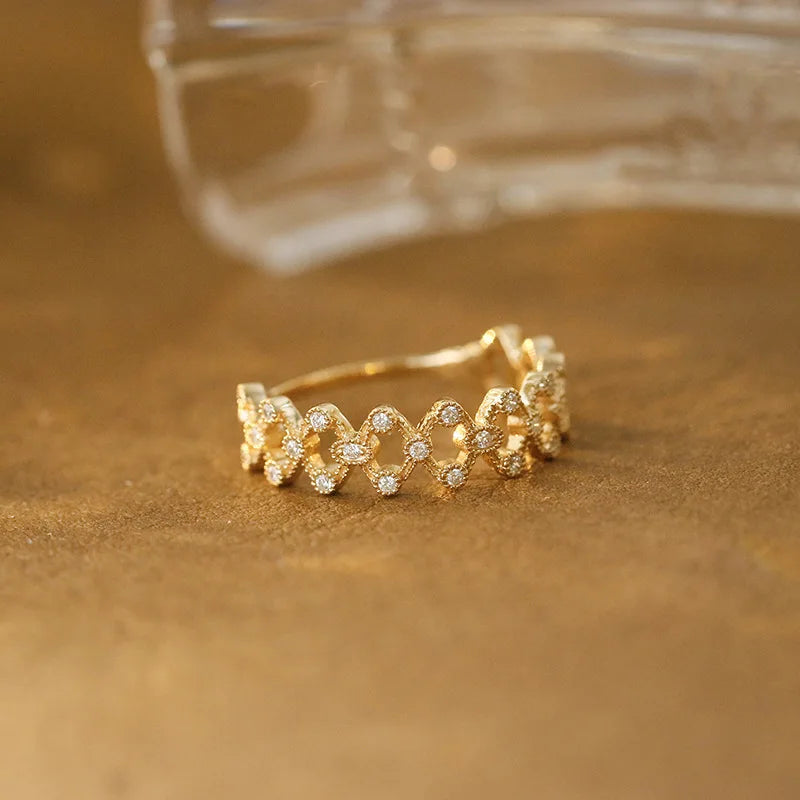 Emotional Factory 925 Sterling Silver 14K Gold Plated Cz Zircon  Hollow Mesh Lace Ring