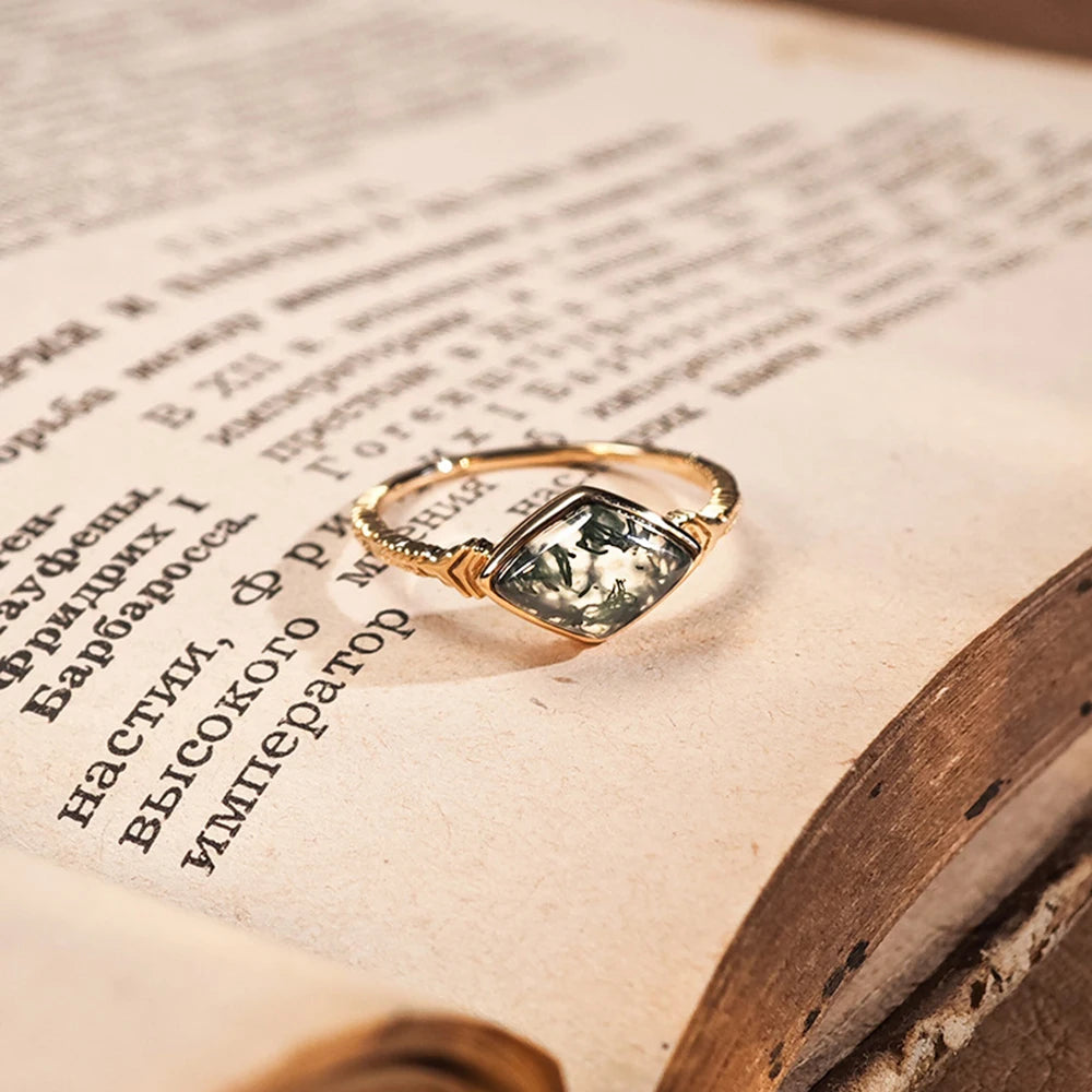 Emotional Joyeria Fina  925 Sterling Silver 14K Gold Plated Gemstone Middle Ages Vintage Style Geometric Rhombus Moss Agate Ring