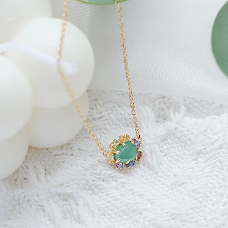 925 Sterling Silver 14K Gold Plated Gemstones Colourful Rainbow Red Garnet Natural Green Chalcedony Crystal Necklace