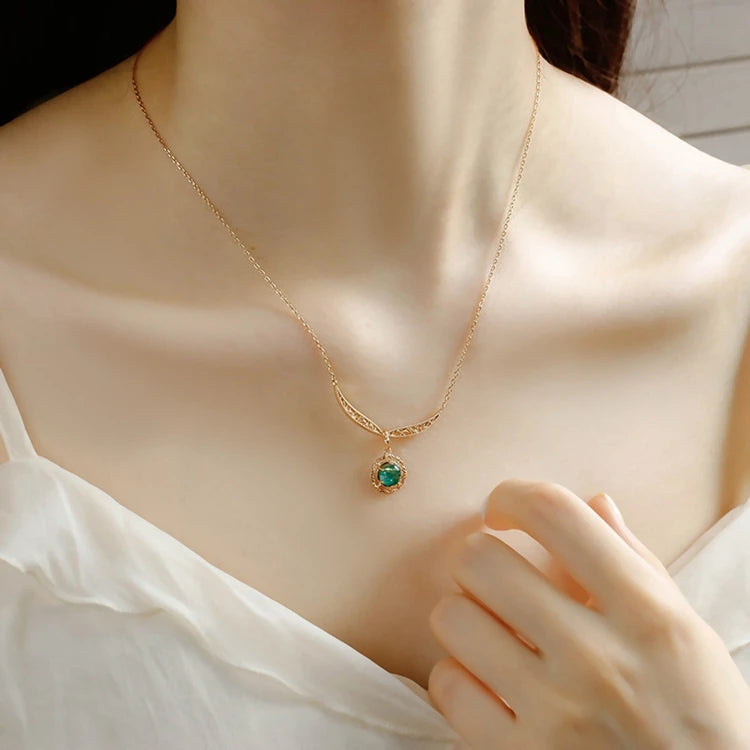 925 Sterling Silver 14K Gold Plated Gemstone Vintage Hollow Blonde Crystal Malachite Pendant Necklace With Ordinary Chain