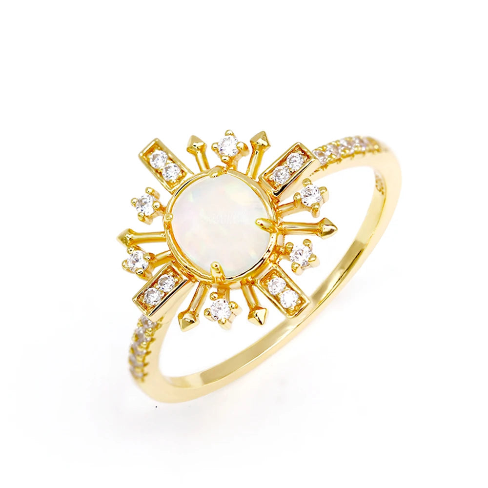 Emotional Factory 925 Sterling Silver 14K Gold Plated Gemstone Series Opal Sun Flower Shining Ring
