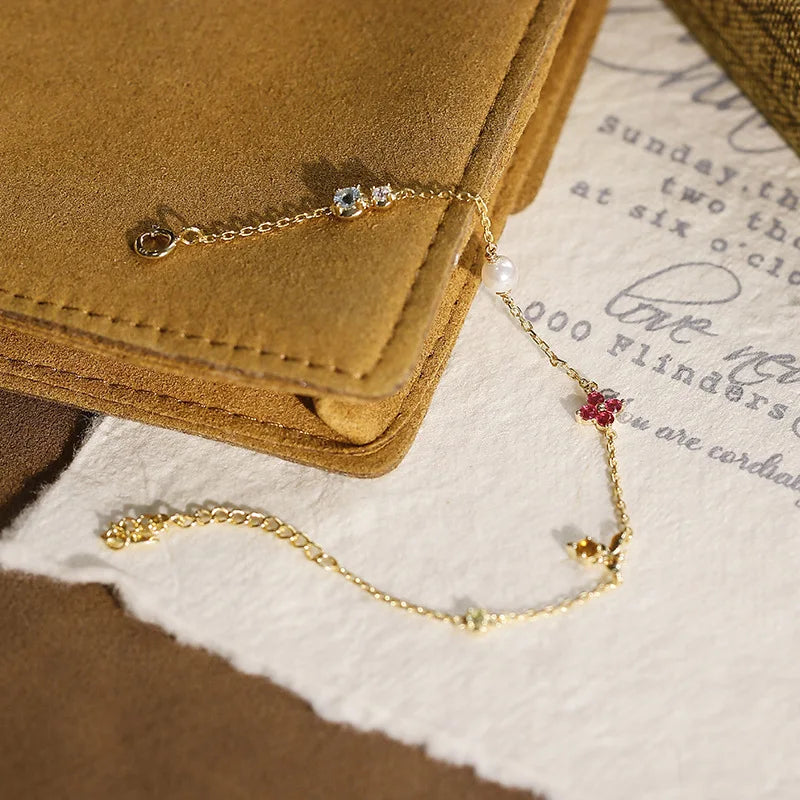 Emotional 925 Sterling Silver 14K Gold Plated Gemstone Pearl Butterfly Small Fresh Four-Leaf Clover Red Corundum Bracelet