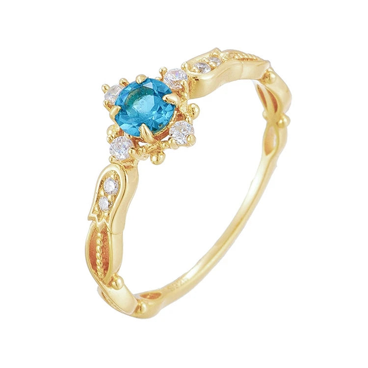 925 Sterling Silver 14K Gold Plated Gemstone Bluebell Design Zircon Flower Bead Natural Blue Topaz Ring