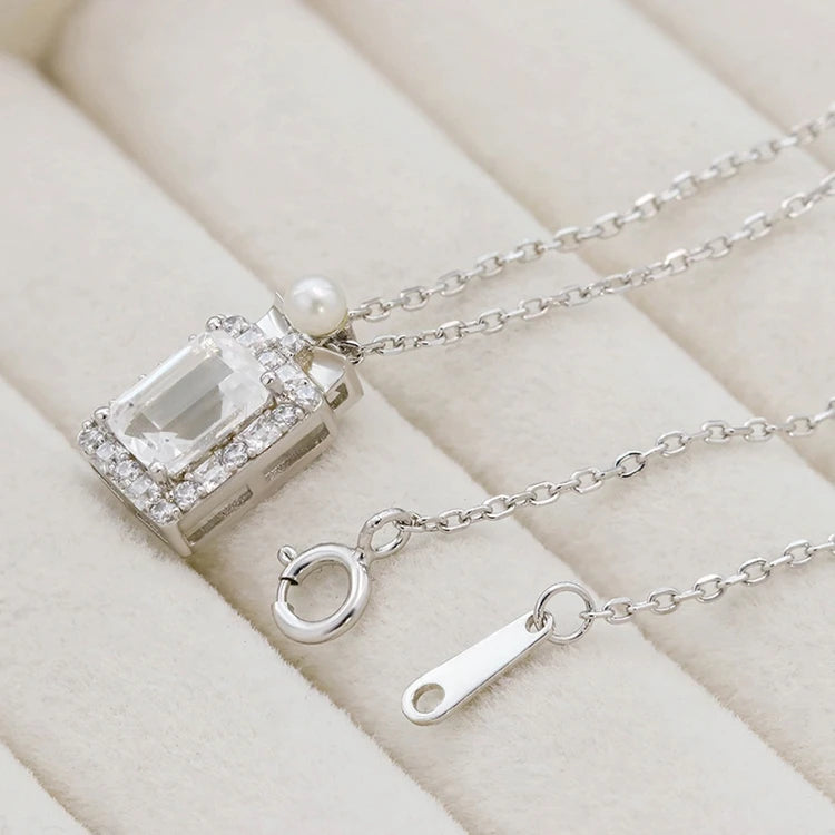 Emotional Factory 925 Sterling Silver 14K Gold Plated Gemstone Geometric Crystal Pearl White Zircon Pendant Necklace