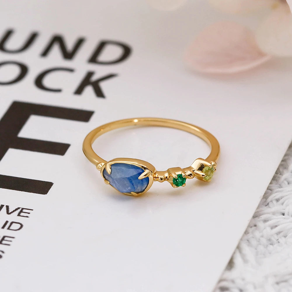 925 Sterling Silver 14K Gold Plated Gemstone Geometric Isomorphs Drop Light Blue Crystal Stone Ring