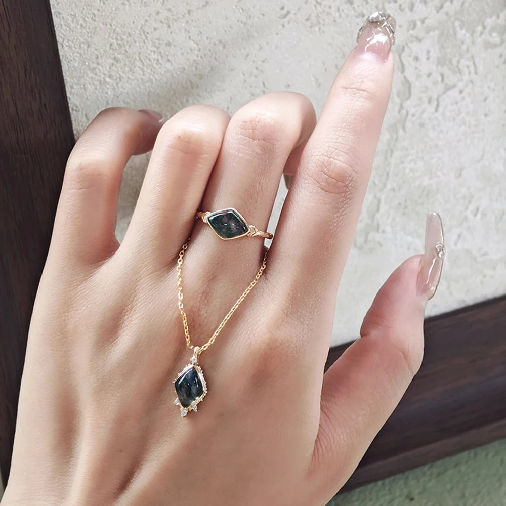Emotional Joyeria Fina  925 Sterling Silver 14K Gold Plated Gemstone Middle Ages Vintage Style Geometric Rhombus Moss Agate Ring