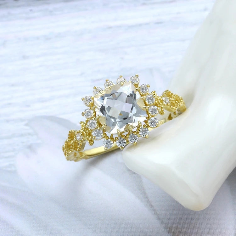 Emotional Bijoux Argent Factory 925 Sterling Silver Gold Plated Gemstones Classic Design Flowers Iced Square Sugar Topaz Ring