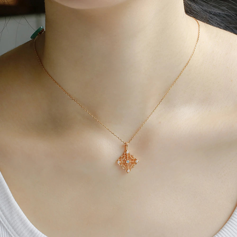 925 Sterling Silver 14K Gold Plated Gem Stone Gemstone Retro Hollow Camellia Vintage Medieval Pearl Opal Flower Delicate Pendant