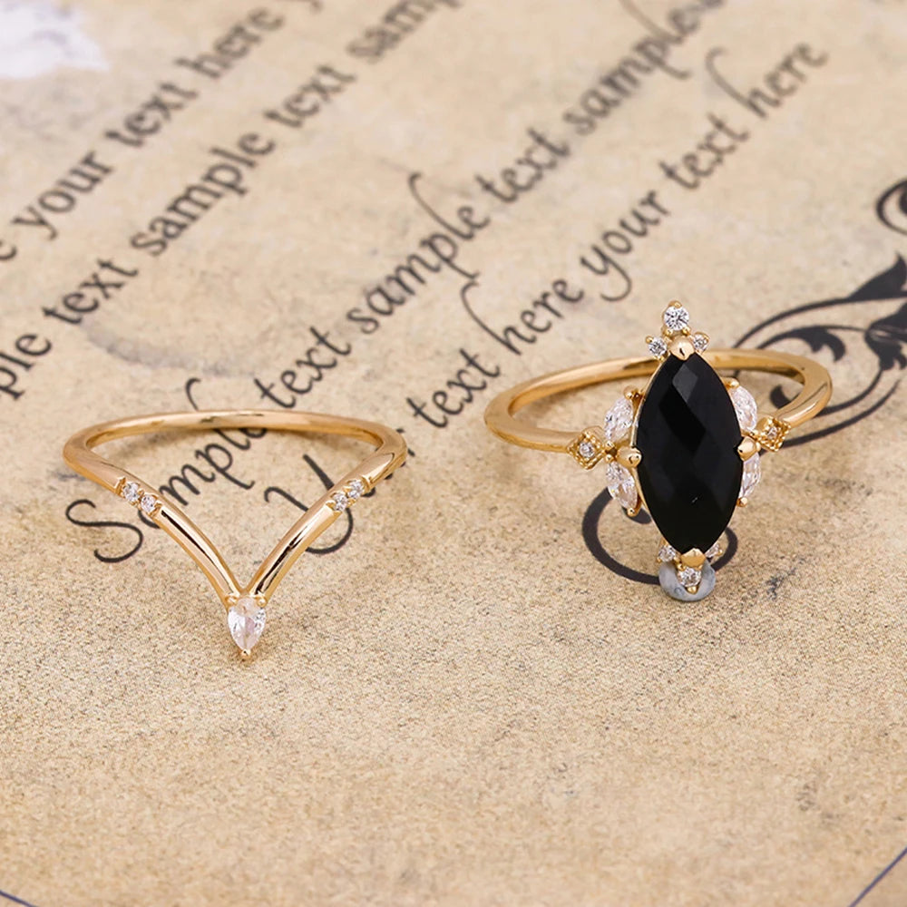 Emotional  925 Sterling Silver 14K Gold Plated Gem Stone Gemstone Zicon Black Agate Carnelian Onyx V Shaped Gem Stone Ring Set