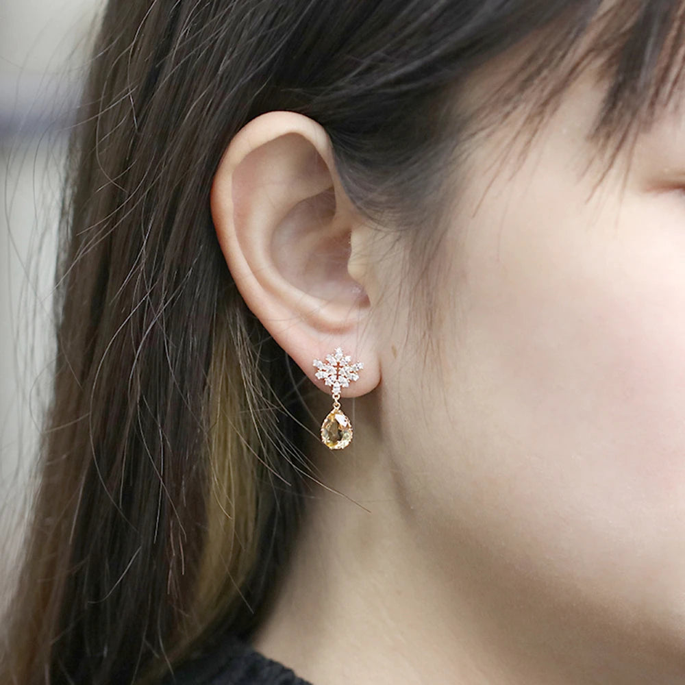 Emotional Factory Jewelry 925 Sterling Silver 14K Gold Plated Gemstone Series Snowflake Flower Natural Citrine Earrings