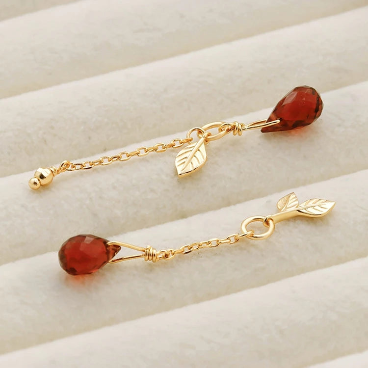 Emotional Factory 925 Sterling Silver 14K Gold Plated Gemstone Leaf Drops Seeds Red Garnet Earrings