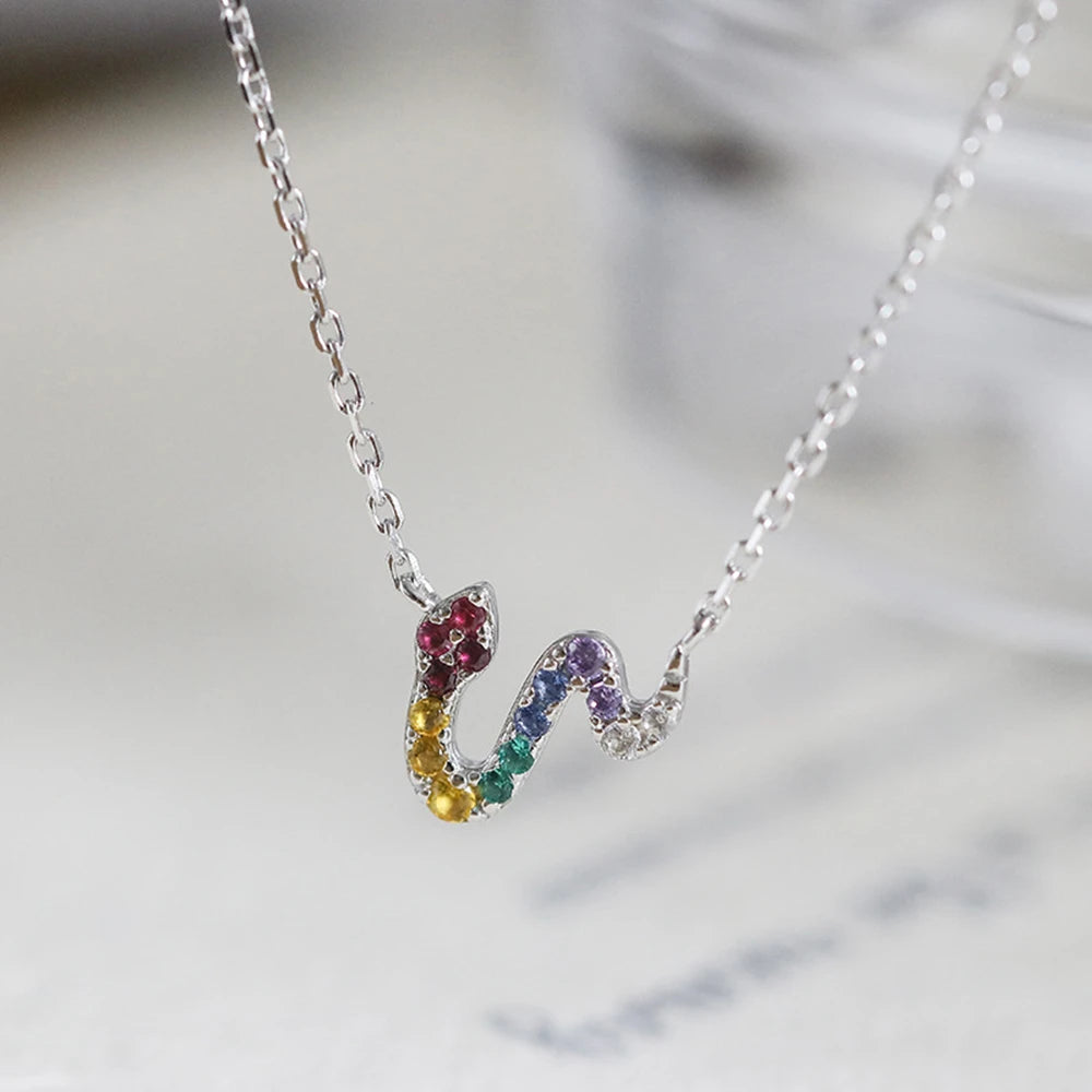 Emotional Factory 925 Sterling Silver 14K Gold Plated Gemstone Rainbow Stone Small Cute Snake Zircon Necklace