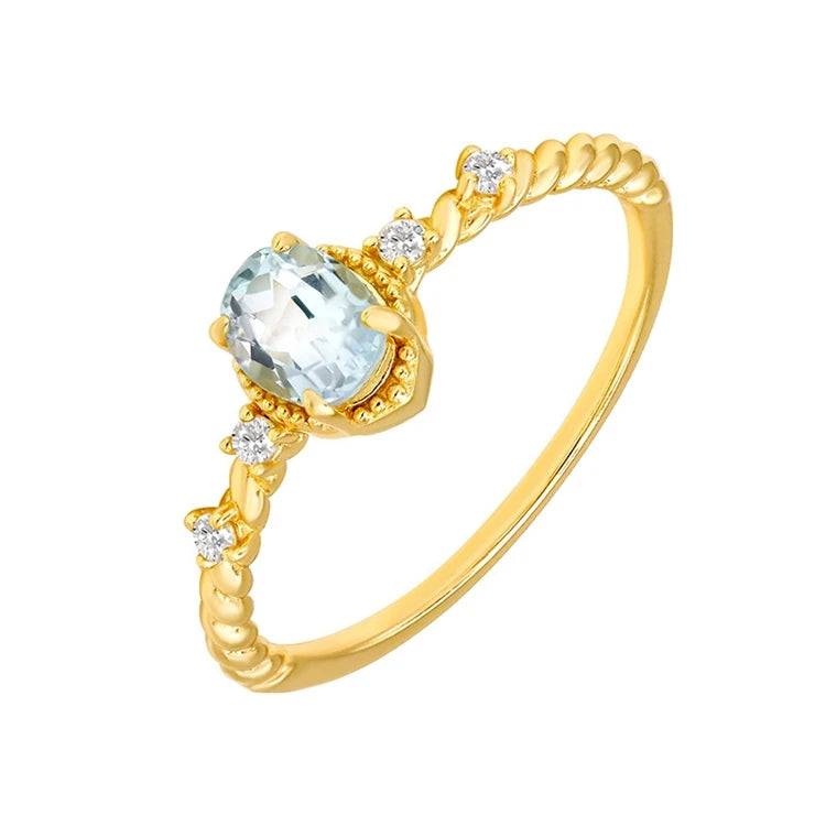 Emotional Factory 925 Sterling Silver 14K Gold Plated Gemstone Grain White Zircon Sky Blue Topaz Ring