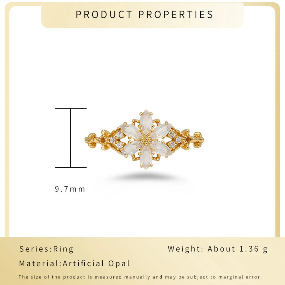 925 Sterling Silver 14K Gold Plated Gemstone Retro Hollow Flower Tanzanite Zircon Synthetic Artificial Opal Ring