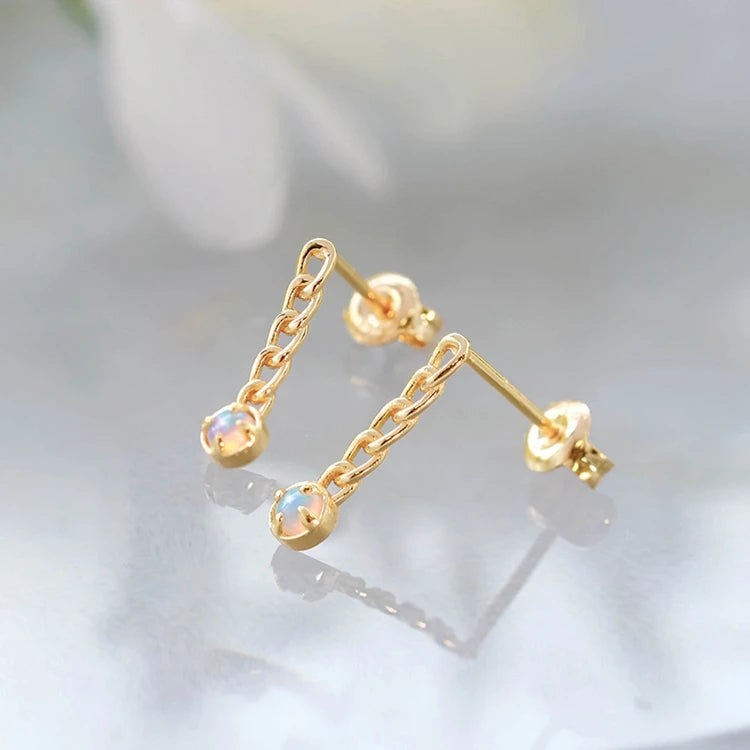 Emotional Factory 925 Sterling Silver 14K Gold Plated Gemstones Vintage Artificial Opal Simple Bead Chain Shaped Earrings