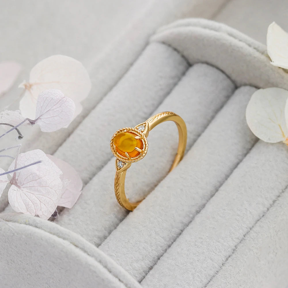 Emotional Factory 925 Sterling Silver 14K Gold Plated Gem Stone Gemstone Vintage Oval Amber Twig Rig Carved Zirconia Ring