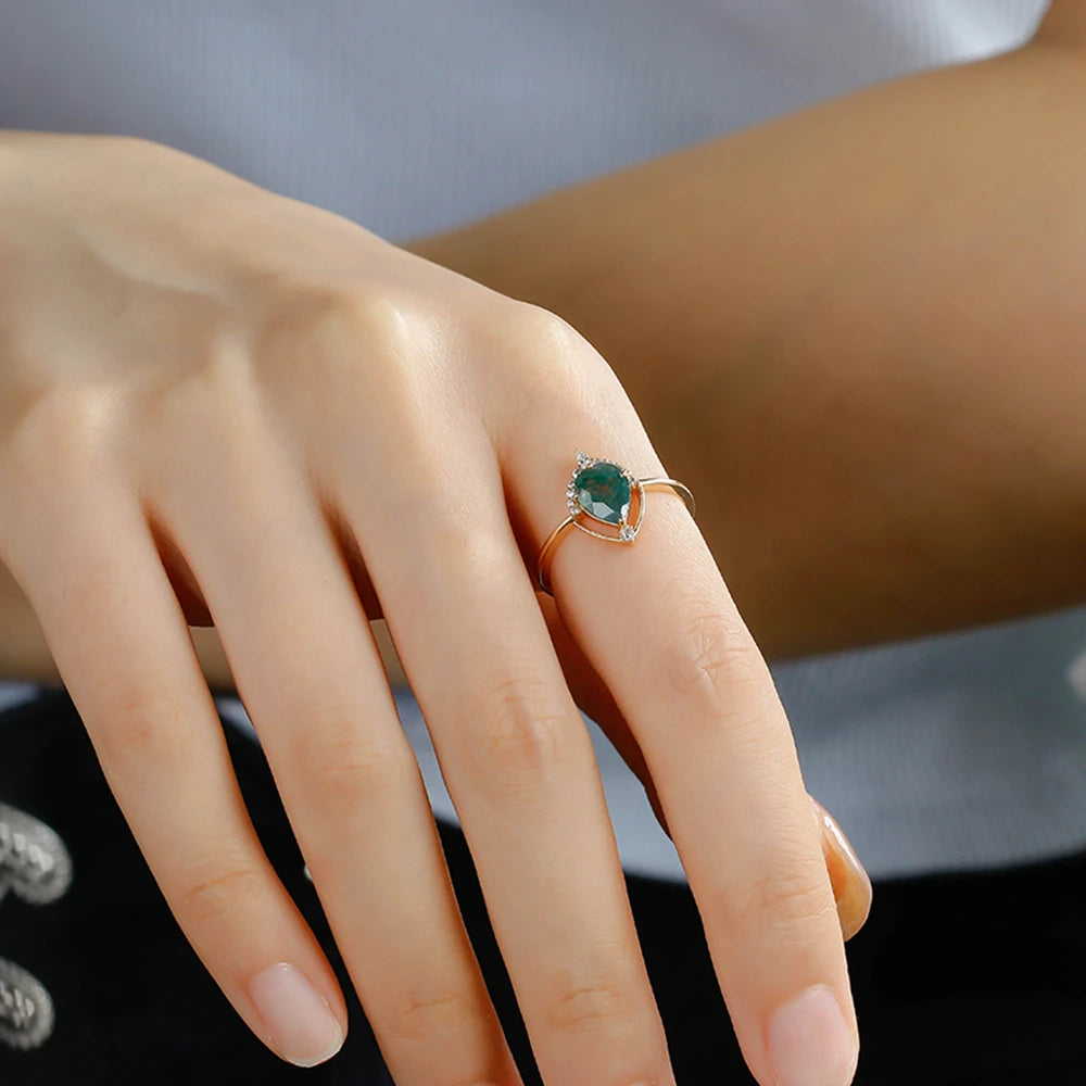 925 Sterling Silver 14K Gold Plated Gemstone Cz Zircon Hollow Moss Agate Ring With Natural Stone