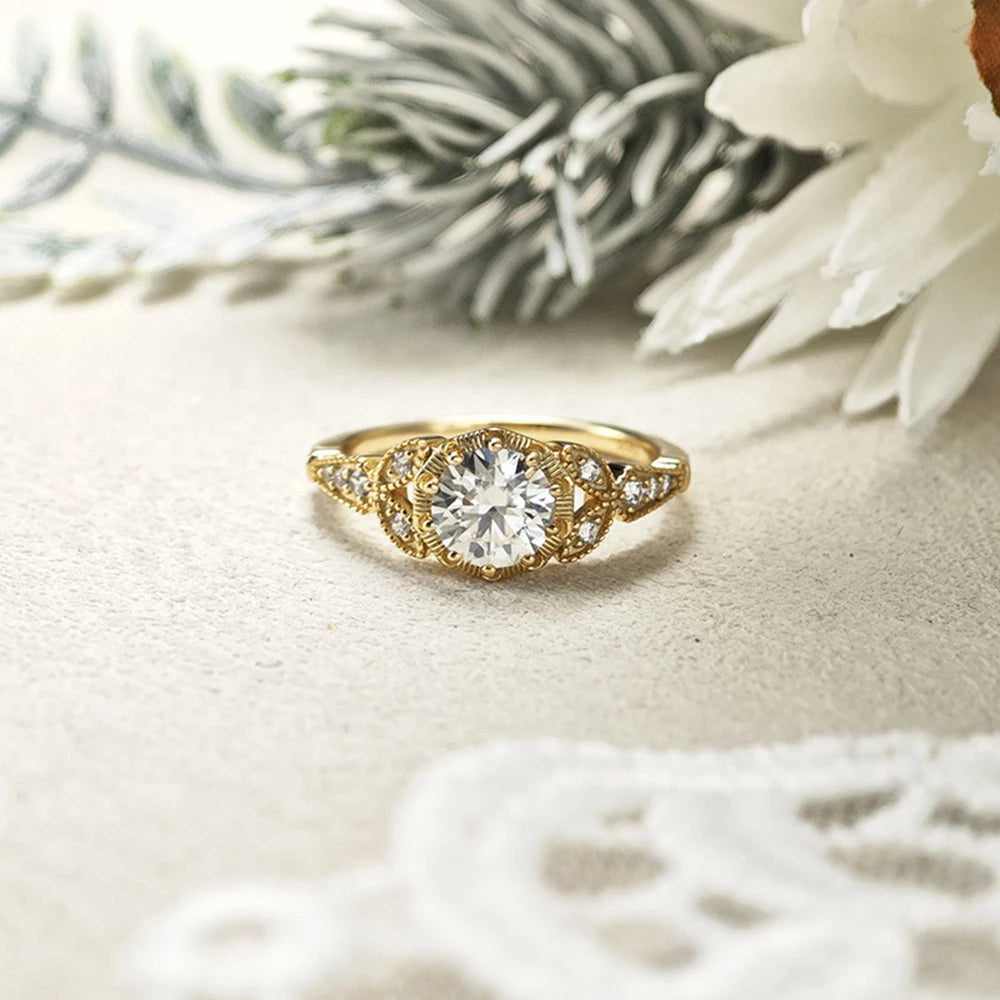 Emotional Factory 925 Sterling Silver 14K Gold Plated Gemstone Middle Ages Vintage Style Sparkle Stone Moissanite Ring