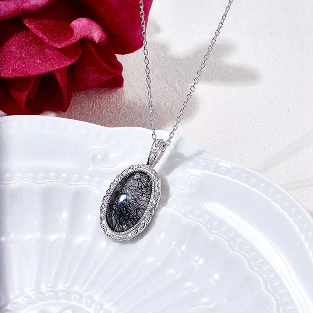 Jewelry 925 Sterling Silver 14K Gold Plated Gemstone Series Retro Transparent Black Hair Rutilated Quartz Shaped Necklace
